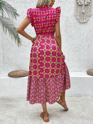 Holiday Geometric Printed Dress With Notched Neckline And Ruffled Hem
