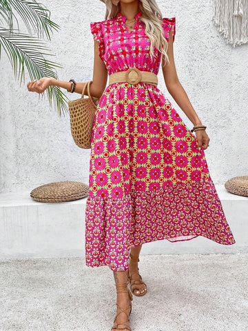 Holiday Geometric Printed Dress With Notched Neckline And Ruffled Hem