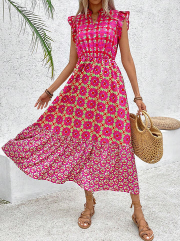 Holiday Geometric Printed Dress With Notched Neckline And Ruffled Hem