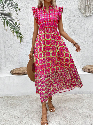 Holiday Geometric Printed Dress With Notched Neckline And Ruffled Hem
