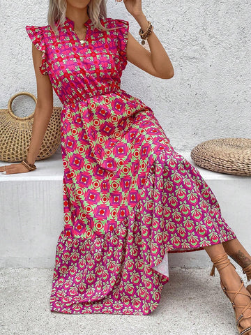 Holiday Geometric Printed Dress With Notched Neckline And Ruffled Hem