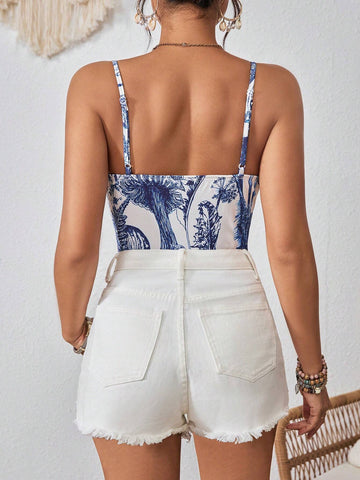 Holiday Knitted Printed Slim-Fit Ladies' Bodysuit With Spaghetti Straps