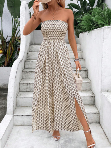 Holiday Leisure Allover Print Strapless Split Wide-Leg Jumpsuit