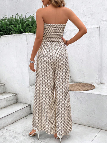 Holiday Leisure Allover Print Strapless Split Wide-Leg Jumpsuit