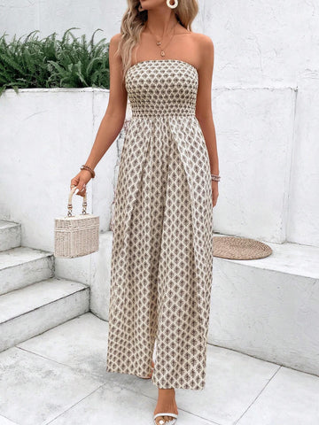 Holiday Leisure Allover Print Strapless Split Wide-Leg Jumpsuit