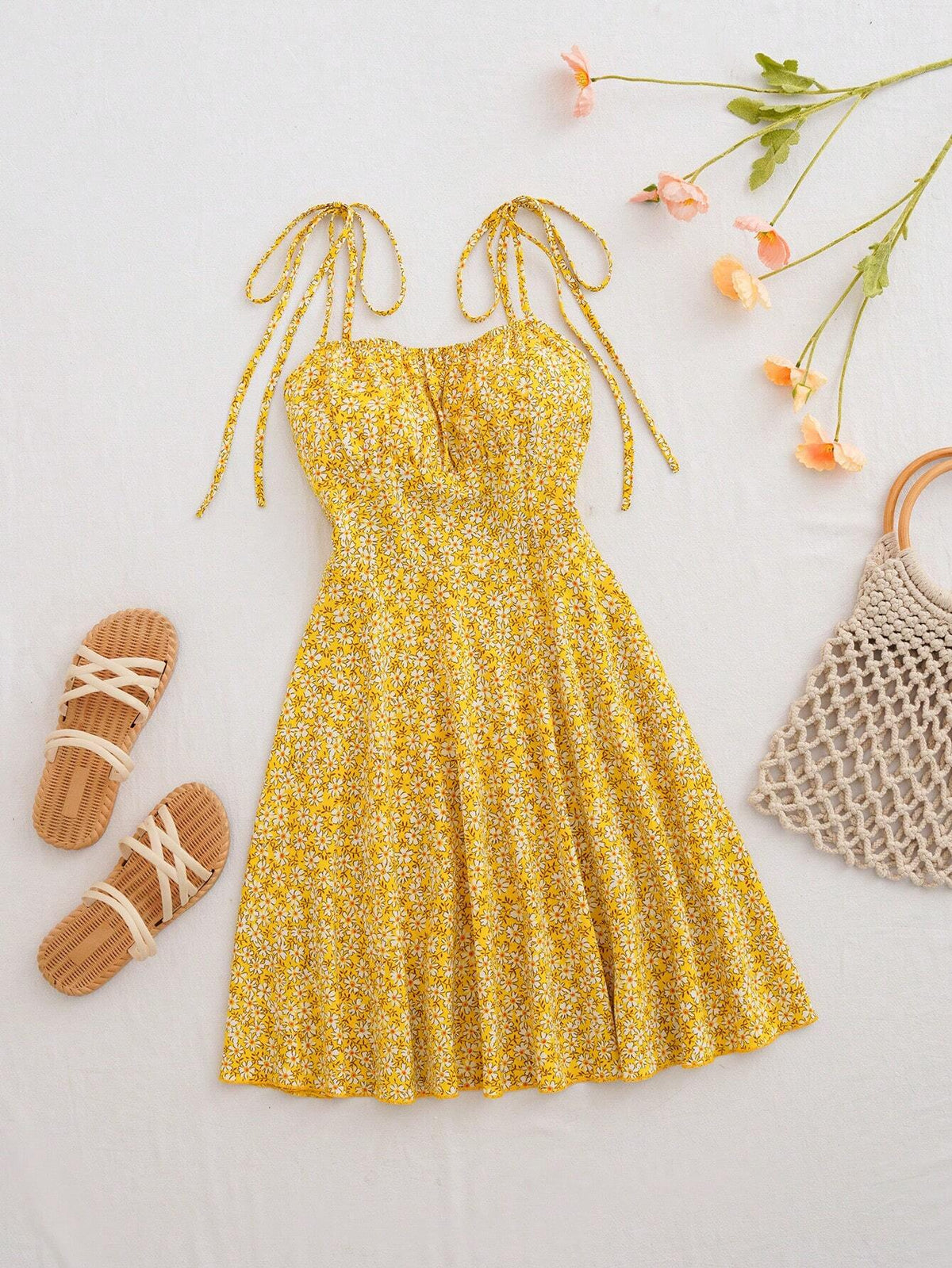 Holiday Leisure Small Floral Print Spaghetti Strap Dress