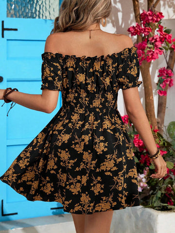Holiday Open Shoulder Printed Bodycon Women Dress In Woven Fabric