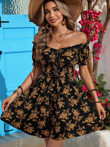 Holiday Open Shoulder Printed Bodycon Women Dress In Woven Fabric