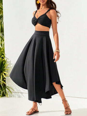 Holiday Solid Color Twisted Crop Top And Knot Detail Midi Skirt Two Piece Set