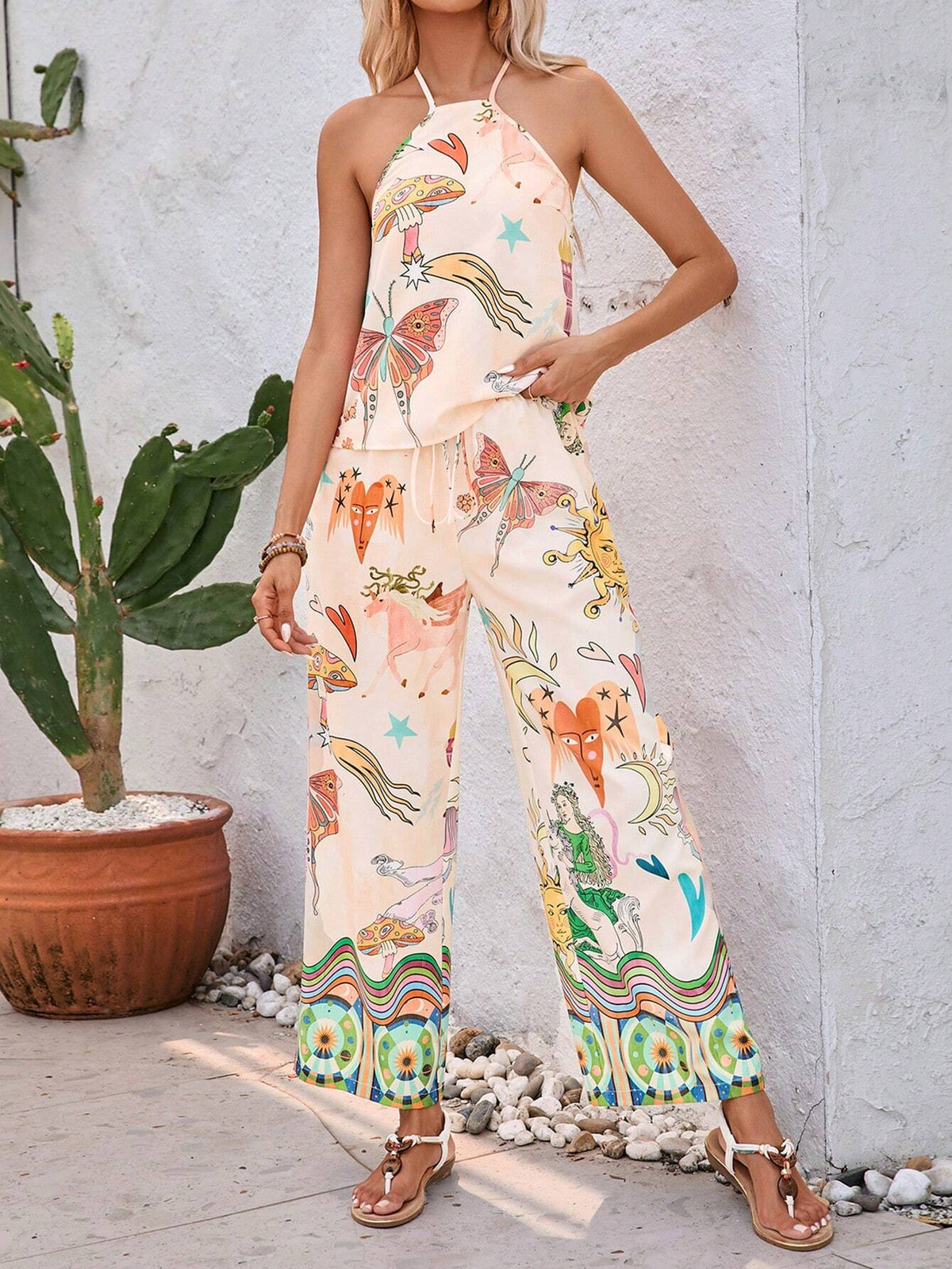 Holiday Style Abstract Printed Summer Vest & Printed Pants Women Set
