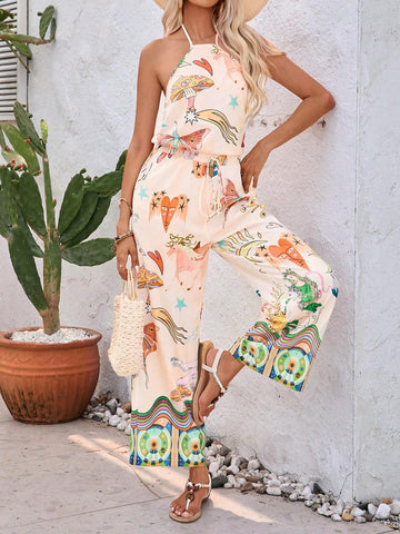 Holiday Style Abstract Printed Summer Vest & Printed Pants Women Set
