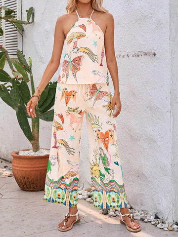Holiday Style Abstract Printed Summer Vest & Printed Pants Women Set