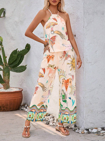Holiday Style Abstract Printed Summer Vest & Printed Pants Women Set