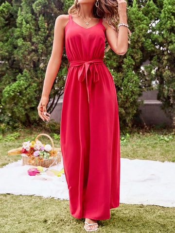 Holiday Style Belted Cami Jumpsuit