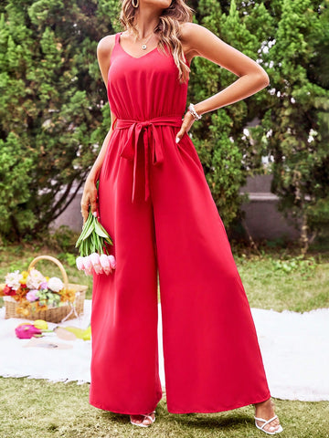 Holiday Style Belted Cami Jumpsuit