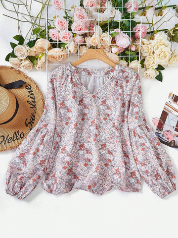 VCAY Holiday Style Casual Notched Collar Lantern Sleeve Blouse With Ditsy Floral Print