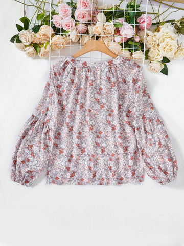 VCAY Holiday Style Casual Notched Collar Lantern Sleeve Blouse With Ditsy Floral Print