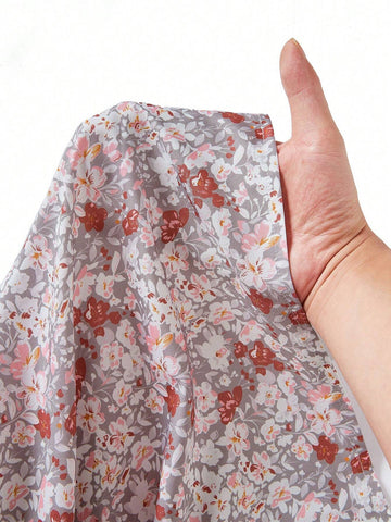 VCAY Holiday Style Casual Notched Collar Lantern Sleeve Blouse With Ditsy Floral Print