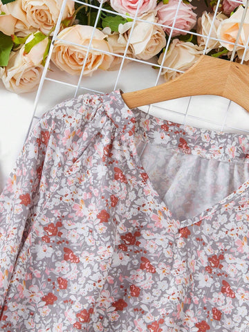 VCAY Holiday Style Casual Notched Collar Lantern Sleeve Blouse With Ditsy Floral Print