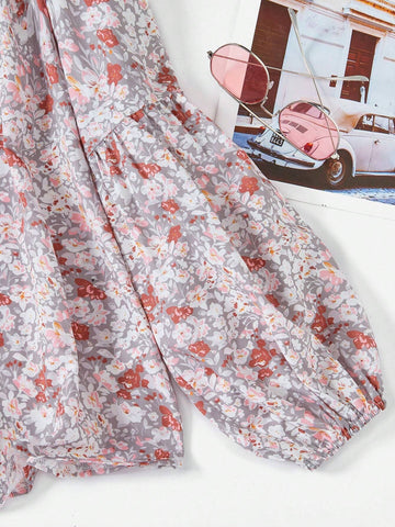 VCAY Holiday Style Casual Notched Collar Lantern Sleeve Blouse With Ditsy Floral Print