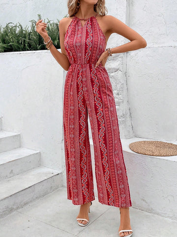 Holiday Style Paisley Print Jumpsuit With Open Collar, Cinched Waist And Wide Leg