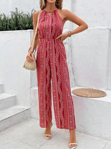 Holiday Style Paisley Print Jumpsuit With Open Collar, Cinched Waist And Wide Leg