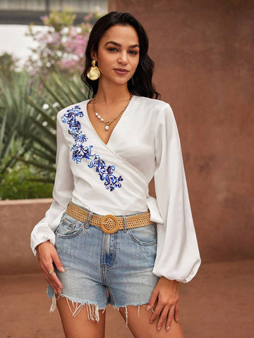 VCAY Holiday Style Printed Wrap Tie Bow Sleeve Elastic Cuff Women's Shirt, Leisure