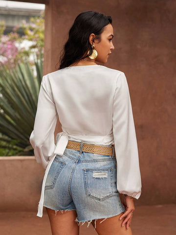 VCAY Holiday Style Printed Wrap Tie Bow Sleeve Elastic Cuff Women's Shirt, Leisure