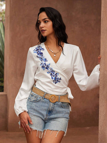 VCAY Holiday Style Printed Wrap Tie Bow Sleeve Elastic Cuff Women's Shirt, Leisure