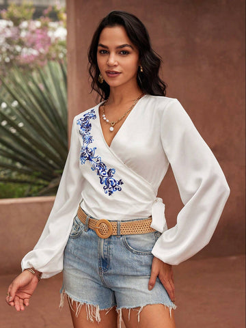 VCAY Holiday Style Printed Wrap Tie Bow Sleeve Elastic Cuff Women's Shirt, Leisure