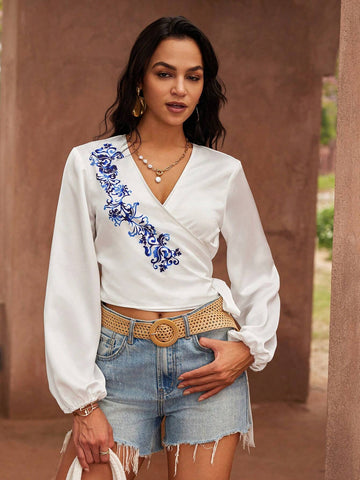 VCAY Holiday Style Printed Wrap Tie Bow Sleeve Elastic Cuff Women's Shirt, Leisure