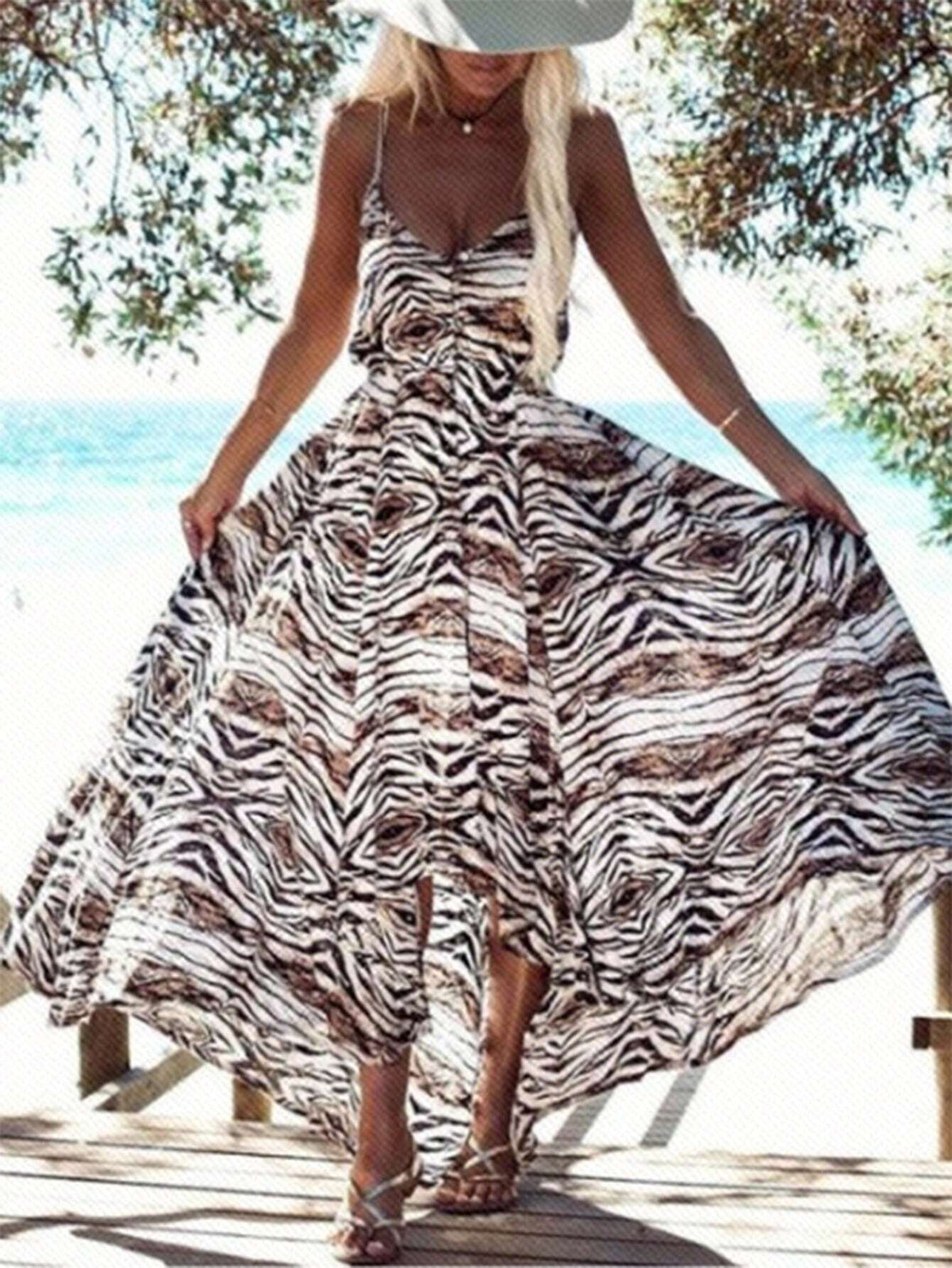 Holiday Style V-Neck Animal Print Elastic Waist Irregular Hem Pleated Dress With Spaghetti Straps