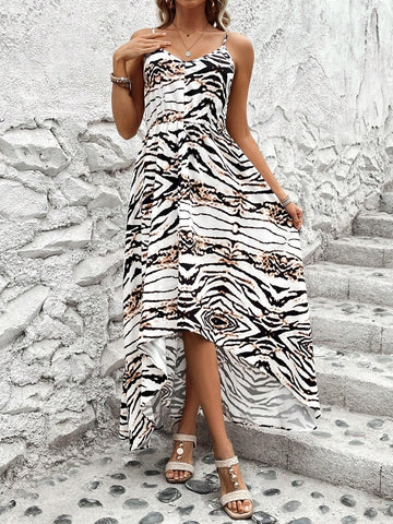 Holiday Style V-Neck Animal Print Elastic Waist Irregular Hem Pleated Dress With Spaghetti Straps