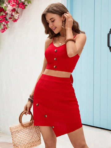 Holiday Women'S Spaghetti Strap Top And Asymmetrical Hem Skirt Set
