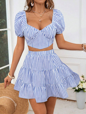 Holiday Woven Blue & White Striped Crop Top & High Waisted Skirt Set For Women