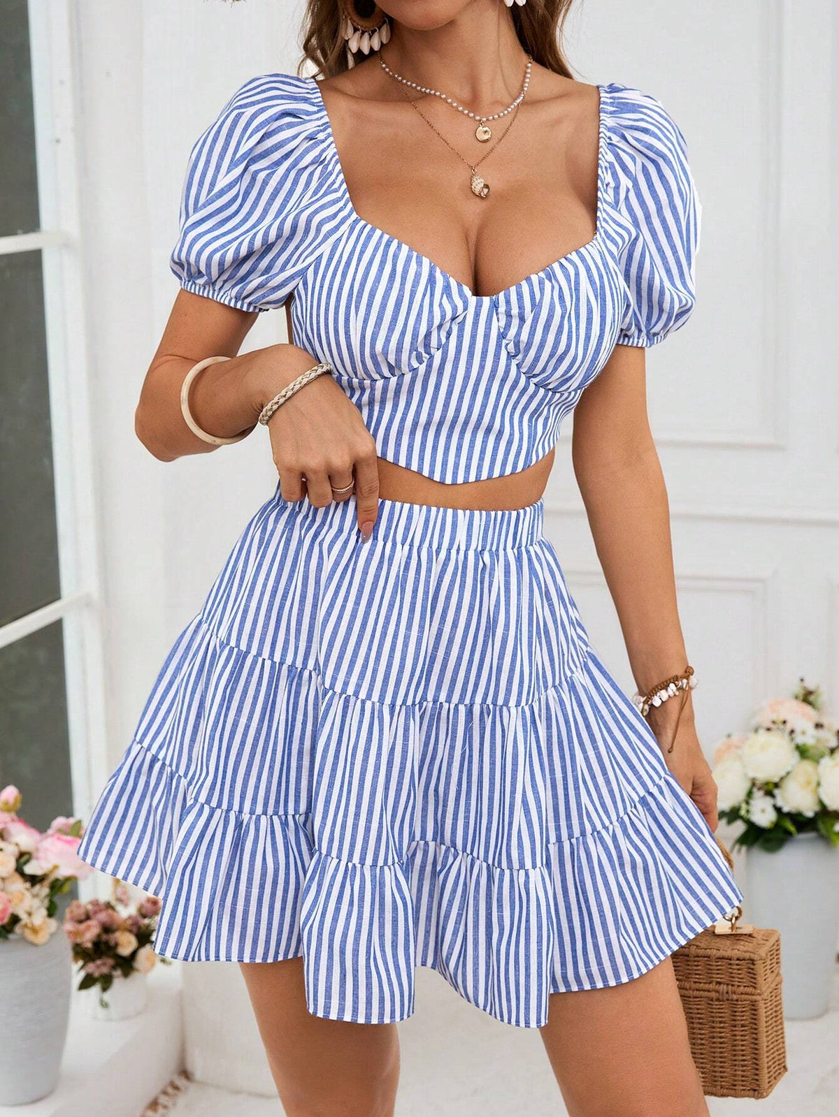 Holiday Woven Blue & White Striped Crop Top & High Waisted Skirt Set For Women