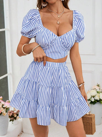 Holiday Woven Blue & White Striped Crop Top & High Waisted Skirt Set For Women