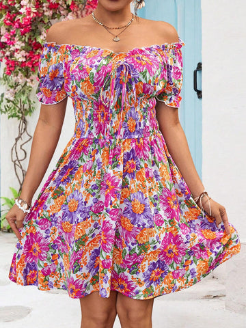Holiday Woven Bubble Short Sleeve Midi Dress For Women