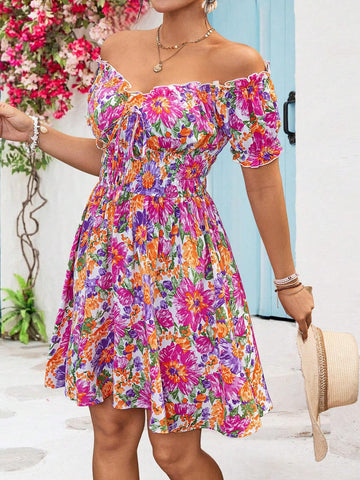 Holiday Woven Bubble Short Sleeve Midi Dress For Women
