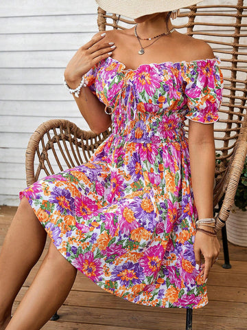 Holiday Woven Bubble Short Sleeve Midi Dress For Women