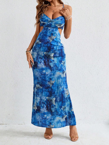 Holiday Woven Butterfly Printed Hollow Out Waist Joint Spaghetti Strap Women's Dress