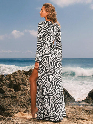 Holiday Woven Long Sleeve Long Women's Dress With Waist Belt, Hollow Out, High Slit, Black And