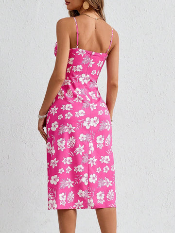 Holiday Woven Pink Floral Printed Splice Front Slit Cami Sexy Summer Vintage Dress For Women