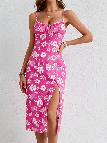 Holiday Woven Pink Floral Printed Splice Front Slit Cami Sexy Summer Vintage Dress For Women