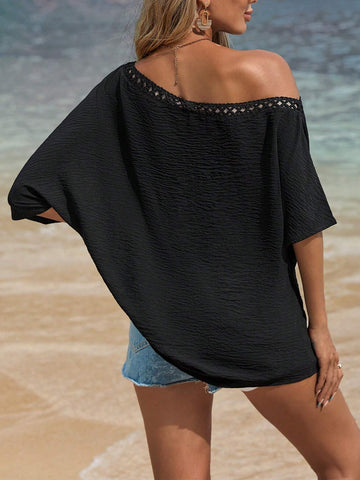 VCAY Holiday Woven Solid Color Loose Fit Extra Long One Shoulder Women's Shirt