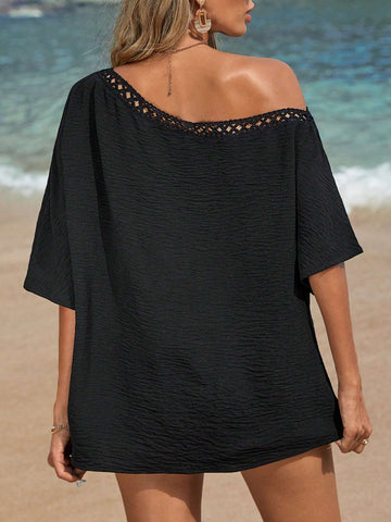 VCAY Holiday Woven Solid Color Loose Fit Extra Long One Shoulder Women's Shirt