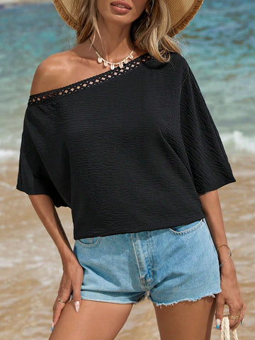 VCAY Holiday Woven Solid Color Loose Fit Extra Long One Shoulder Women's Shirt