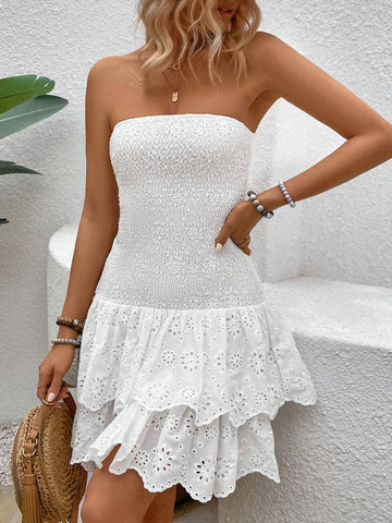 Hollow Out Embroidery Bandeau Ruffled Hem Dress