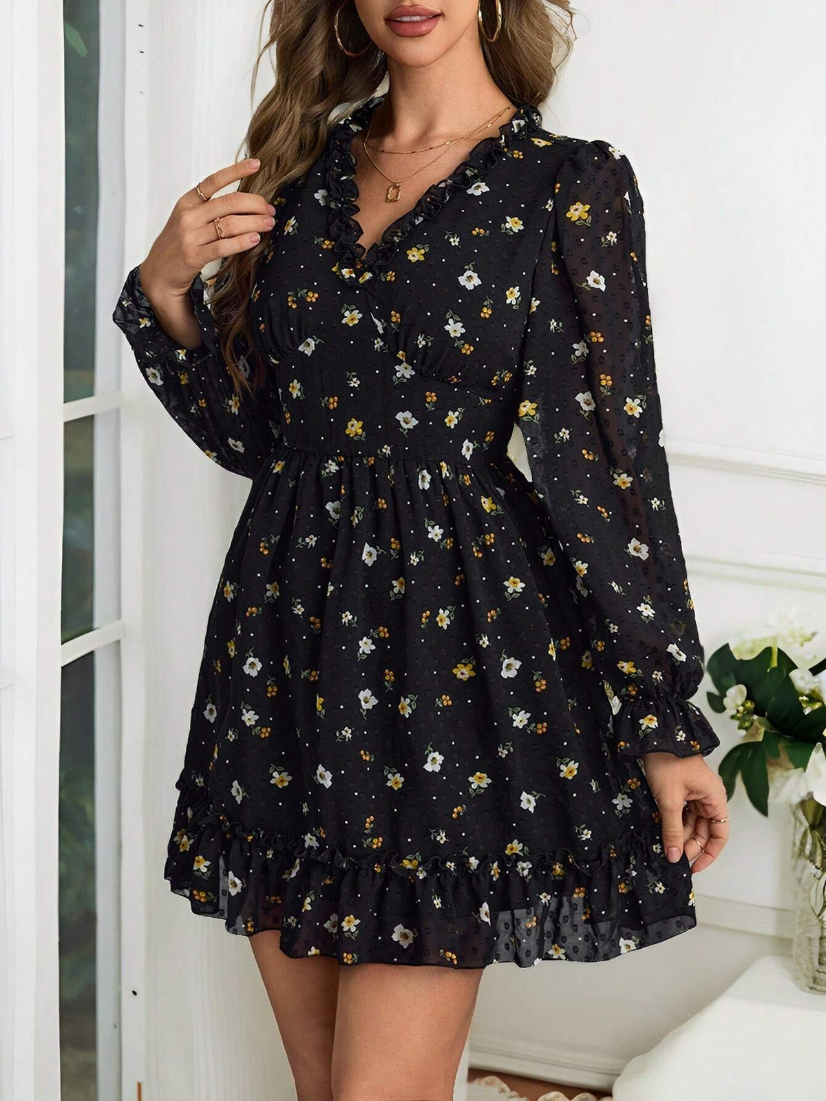 Knit Printed Long Sleeve V-Neck Mini Dress For Women