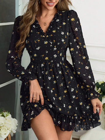 Knit Printed Long Sleeve V-Neck Mini Dress For Women